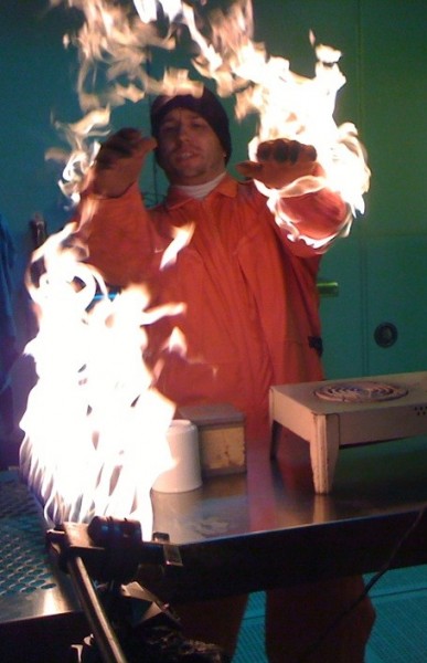 Kevin Robinson on fire, on the set of Curious and Unusual Deaths, 2012