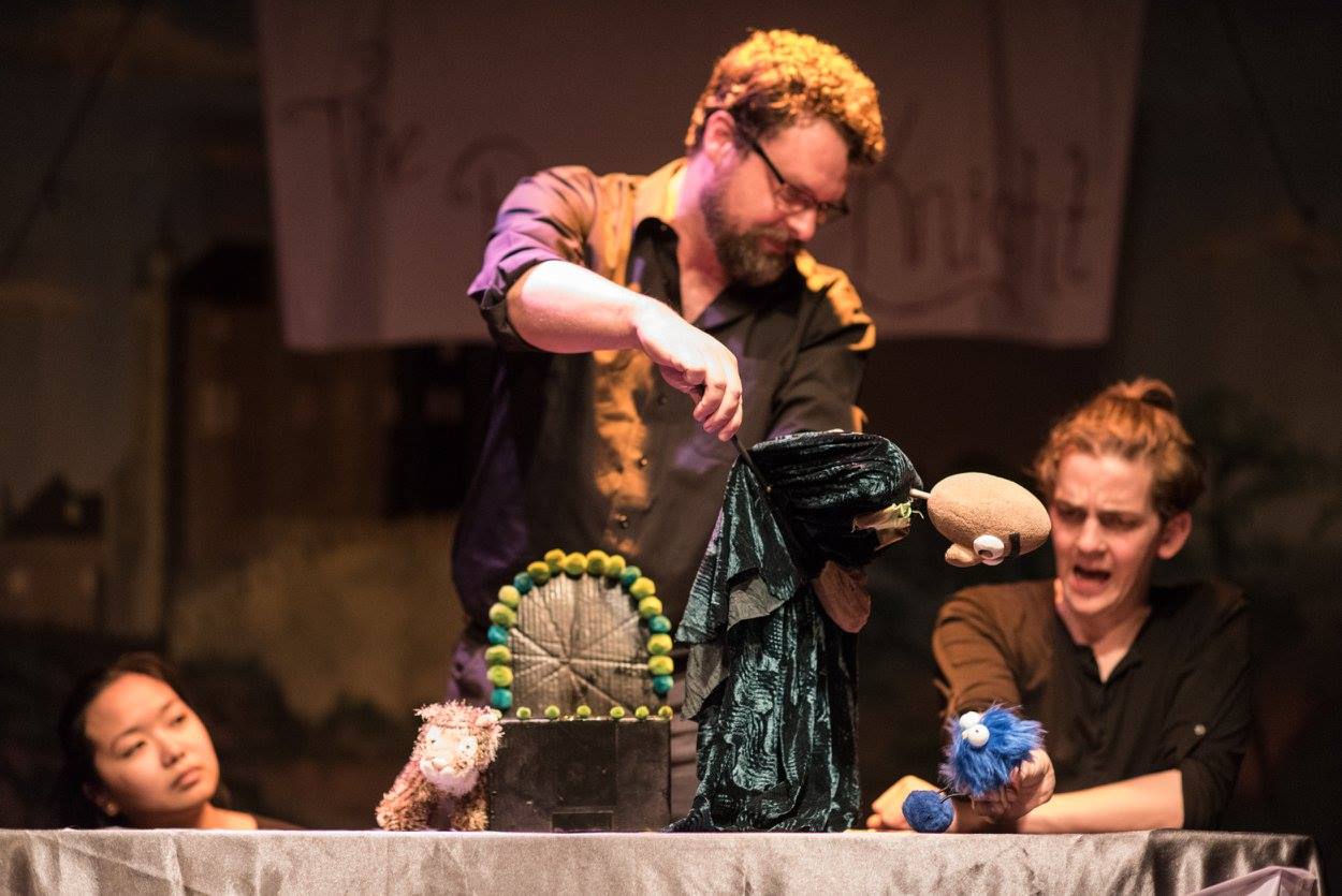 Christopher working a puppet in The Princess Knight (Solar Stage), with April Leung and Victor Pokinko. Photography by Dahlia Katz.